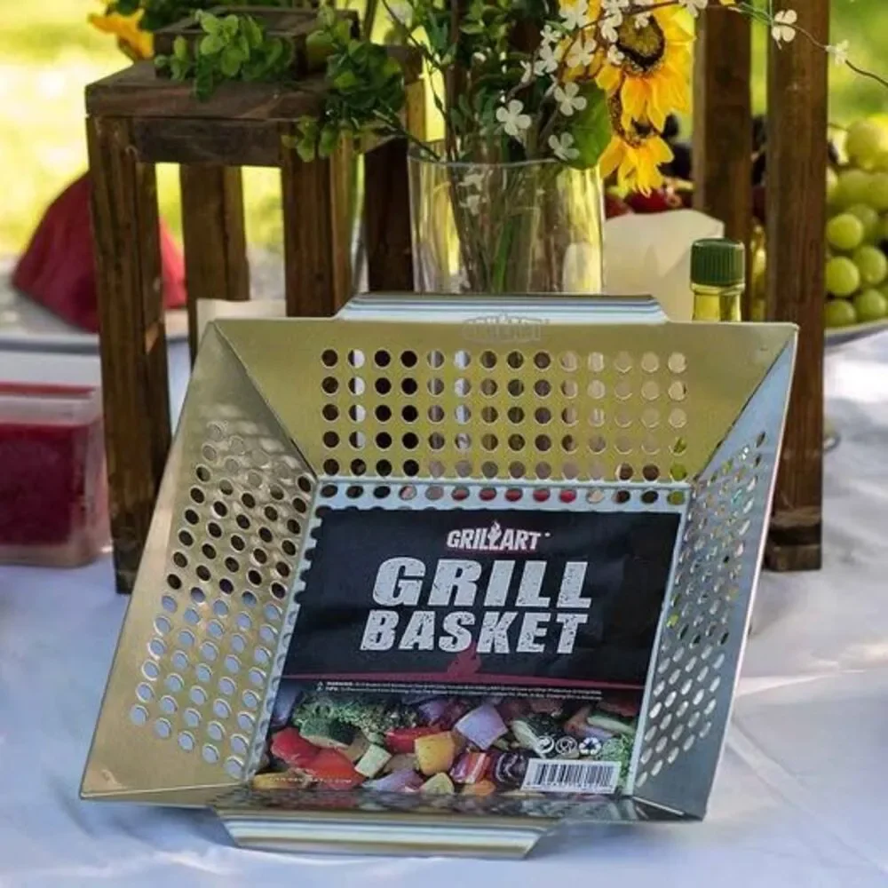 Grill Basket for Vegetables & Meat – Large Grill Wok/Pan - Heavy Duty Stainless